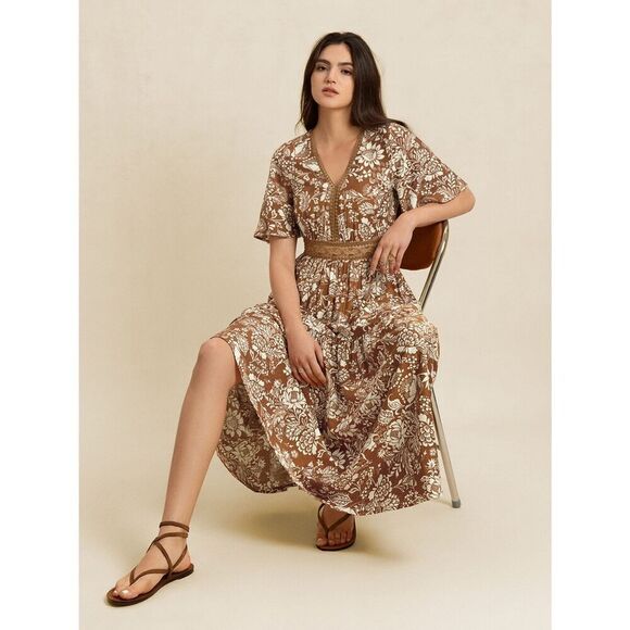 Cute Floral Ditsy Dress Nuetral Deep Tan Lace Waist Western Vibe Small - Picture 7 of 13